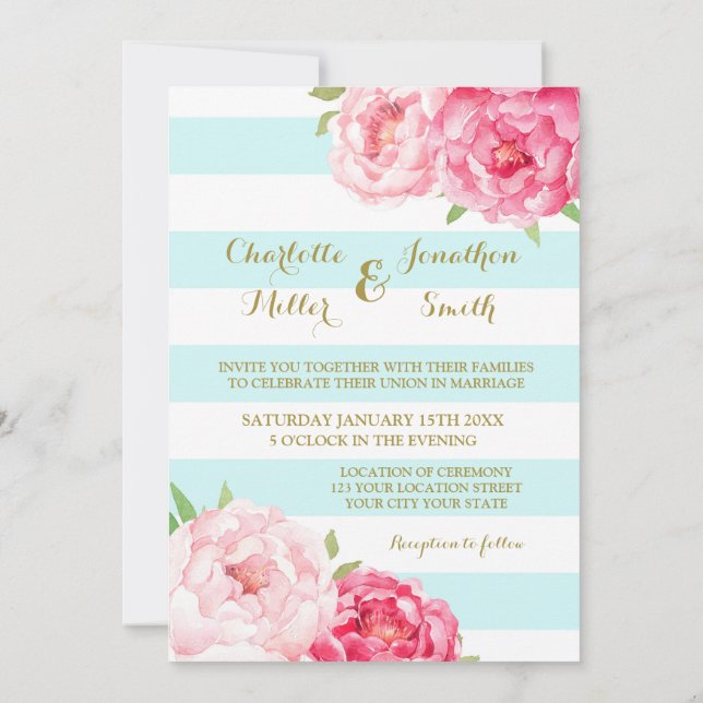 Bleu Rayures Fleurs Roses Invitations Mariage (Dos)