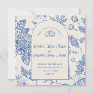 Bleu Riche Toile Florale Français Invitation Flora