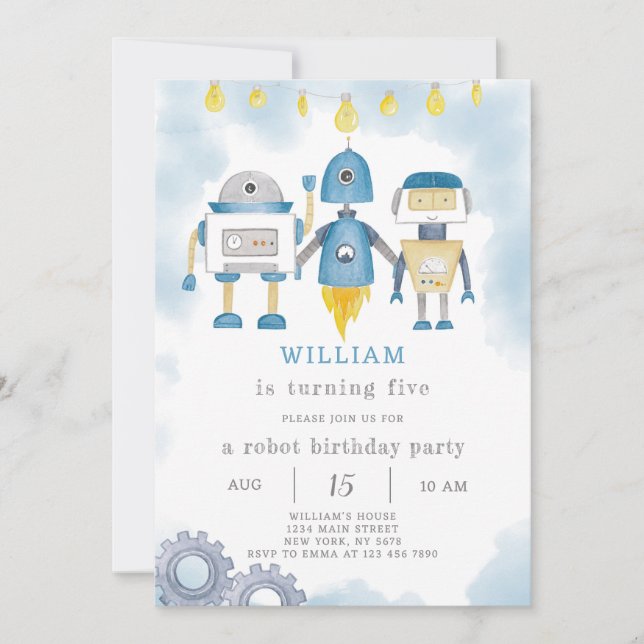 Bleu Robot Invitation Anniversaire (Devant)
