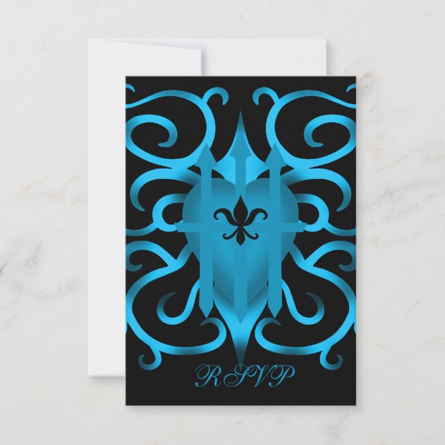 Bleu romantique cœur et volutes RSVP (Devant)