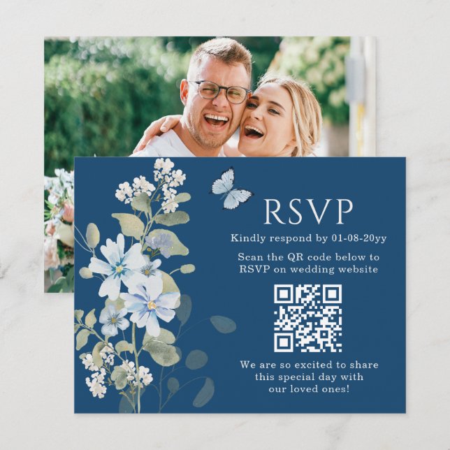 Bleu romantique Floral RSVP QR Code Mariage photo (Devant / Derrière)
