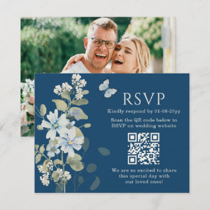 Bleu romantique Floral RSVP QR Code Mariage photo
