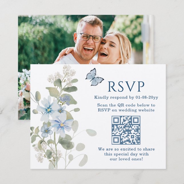 Bleu romantique Floral RSVP QR Code Mariage photo (Devant / Derrière)
