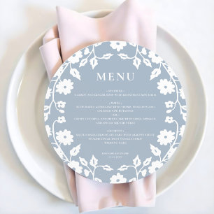 Bleu Rond Blanc Folk Floral Mariage Menu