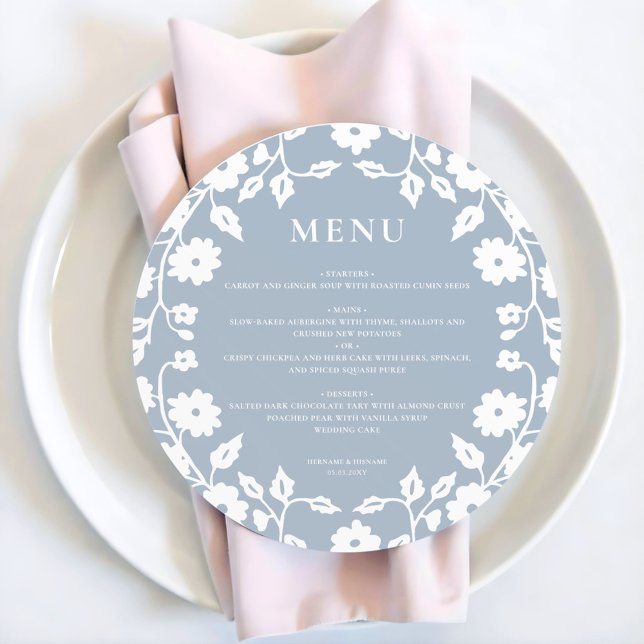 Bleu Rond Blanc Folk Floral Mariage Menu (Créateur téléchargé)