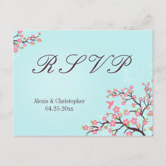 Bleu rose cerisier fleurs mariage RSVP carte posta