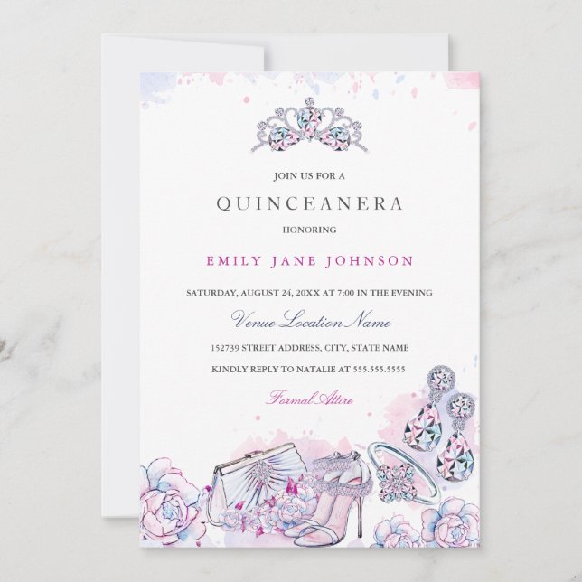 Bleu rose Elegant Crystal Quinceanera Invitation (Devant)