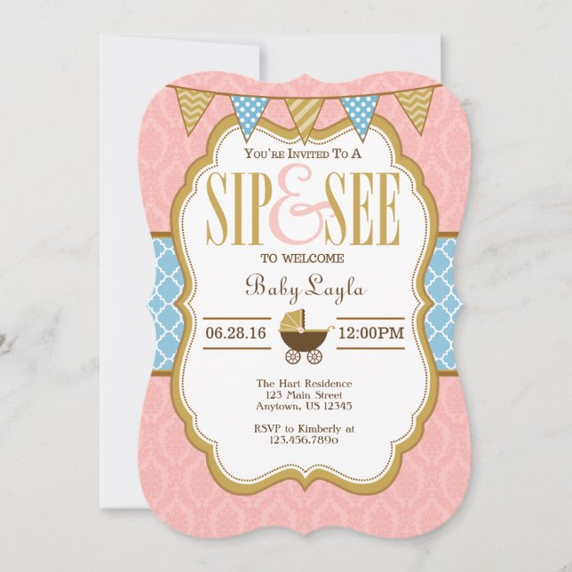 Bleu Rose Gold Sip Et Voir Invitation (Devant)