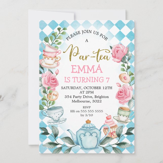 Bleu rose Partea Party Anniversaire Invitation (Devant)