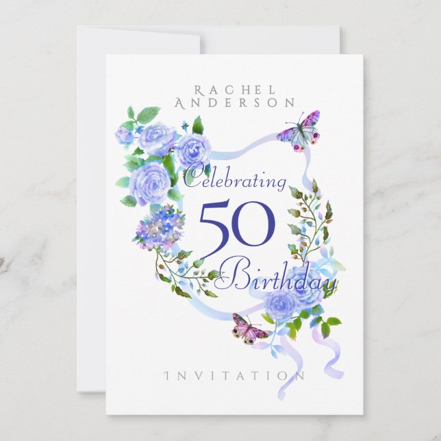 Bleu Rose Ruban Invitation d'anniversaire (Devant)