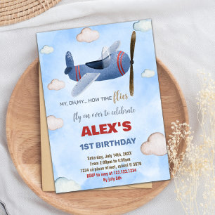 Bleu rouge avion Invitations d'anniversaire