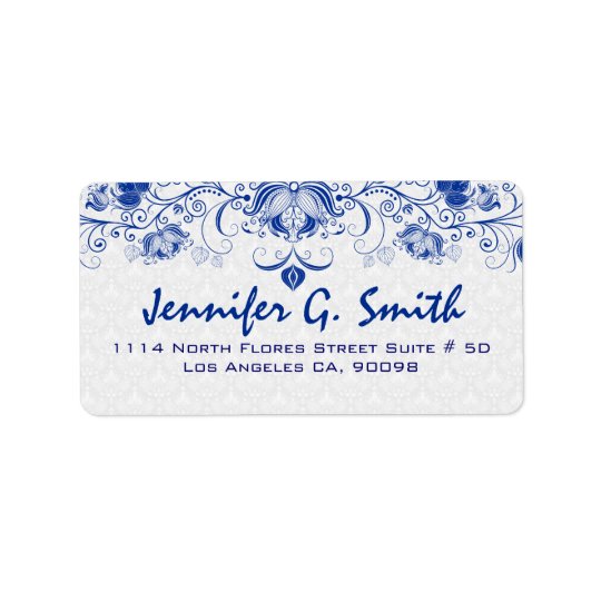 Bleu royal et dentelle florale vintage et damassés étiquette d’adresse