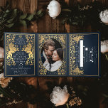 Bleu Royal Médiéval Lion Mariage Tri-Fold<br><div class="desc">Célébrez votre journée spéciale avec ce design Mariage Royal Medieval Lion. Le design n'est PAS une vraie feuille d'or. Vous pouvez customiser plus loin en cliquant sur le bouton "PERSONNALISER". Image d'espace fournie par Unsplash et n'est PAS à vendre remplacez-la par vos propres photos.</div>