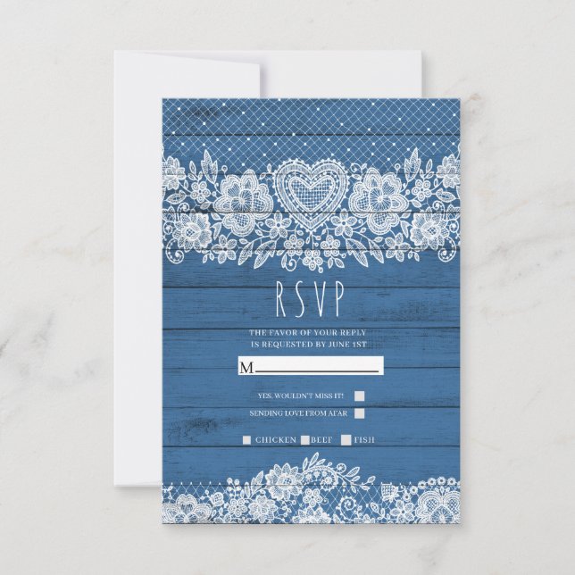 Bleu Rustique Bois Dentelle Mariage Grange RSVP (Devant)