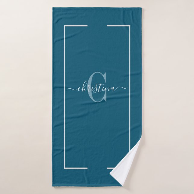 Bleu sarcelle élégant avec monogramme script (Serviette de bain)