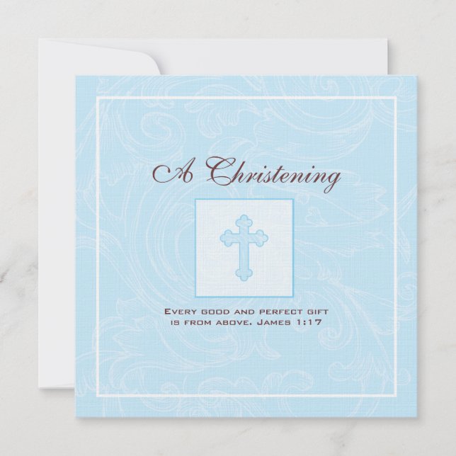 Bleu Scroll Invitation à Christening Boy (Devant)