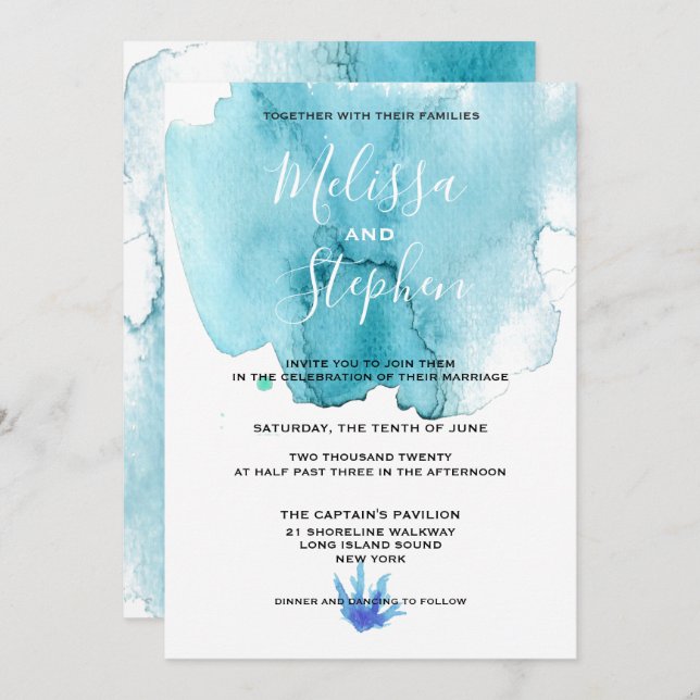 Bleu Sea Foam Watercolor Beach Wedding Invitation (Devant / Derrière)