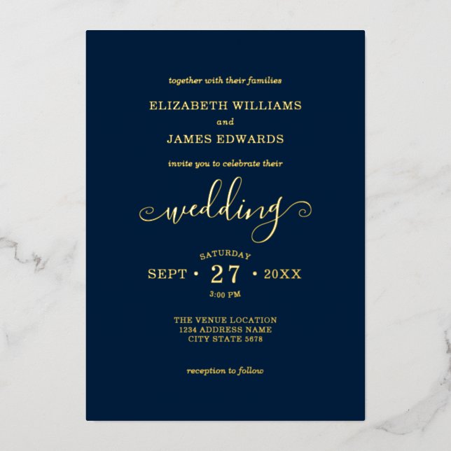 Bleu Simple Élégant Mariage Gold Foil Invitation (Recto)