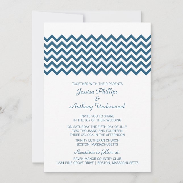 Bleu Simple Mariage Chevron Invitation (Devant)