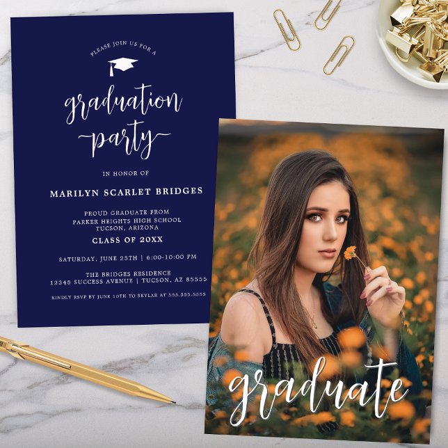 Bleu Simple Moderne Script Graduation Invitation (dark blue simple script modern graduation invitation for grad party at high school or college level)