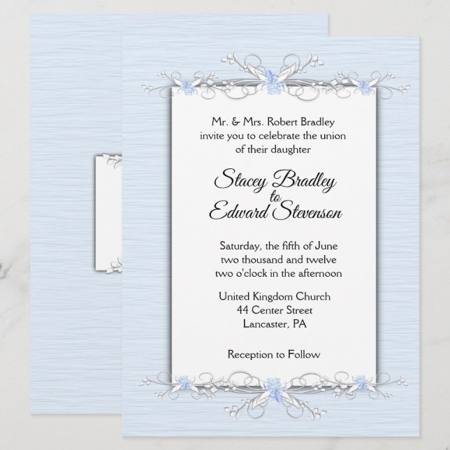 Bleu simplicité Faire-part de mariage traditionnel (Devant / Derrière)