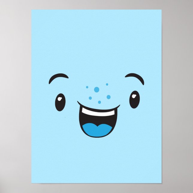 Bleu souriant Kawaii Face Poster Imprimer (Devant)