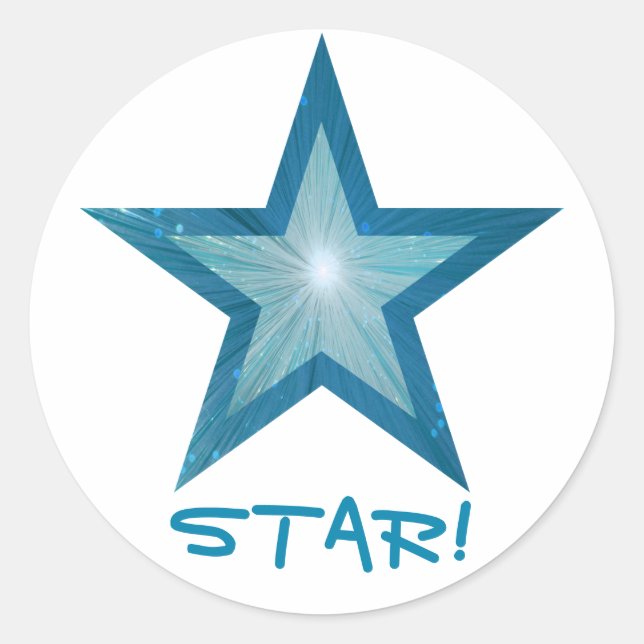 Bleu Star 'STAR!' autocollant rond blanc (Devant)
