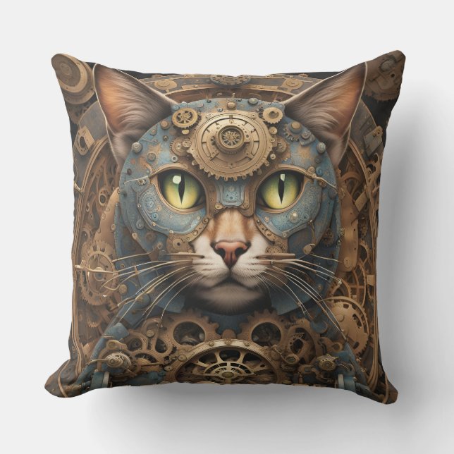 bleu steampunk cat AI art extérieur coussin (Recto)