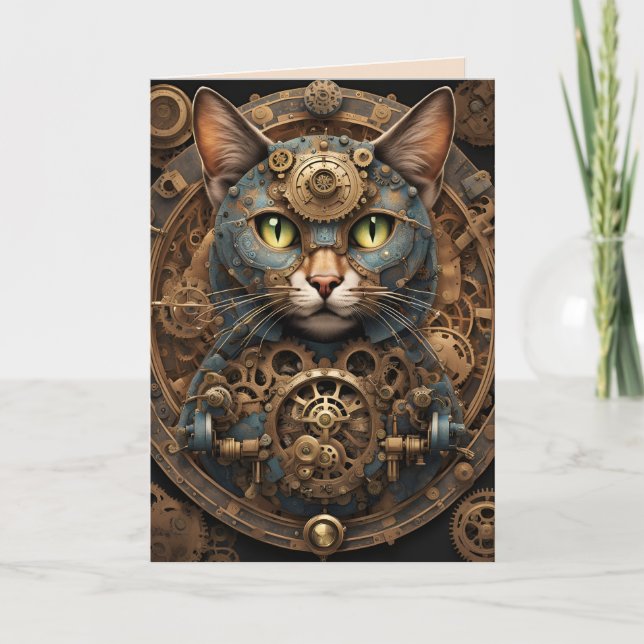 bleu steampunk cat AI carte de voeux art (Devant)