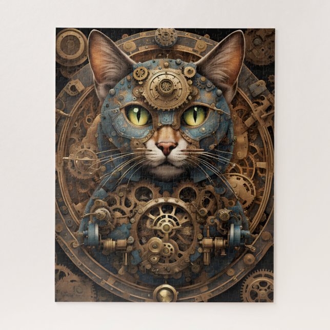 bleu steampunk chat AI art puzzle (Vertical)
