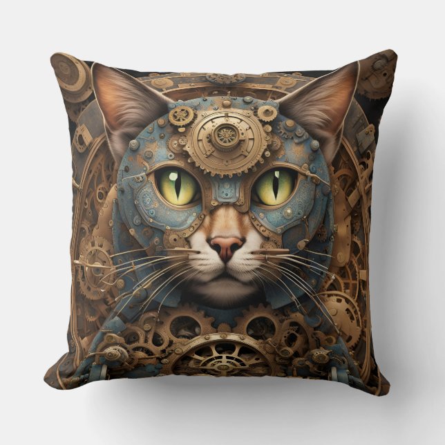 bleu steampunk chat IA art coussin (Recto)