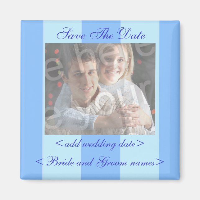 Bleu Stripes Enregistrer La Date Photo Magnet (Devant)