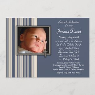 Bleu Stripes Invitations de Christening Photo Boy