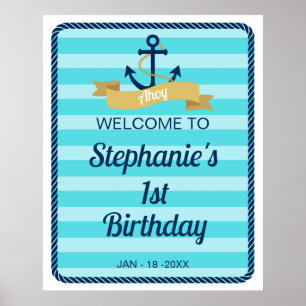 Bleu Stripes Nautique Affiche de bienvenue d'anniv