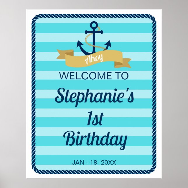 Bleu Stripes Nautique Affiche de bienvenue d'anniv (Devant)