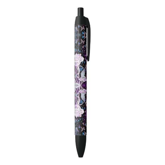 Bleu Stylo rose blanche et papillons (Bas (Vertical))