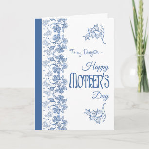 Bleu sur blanc Floral carte de fête des mères, fil
