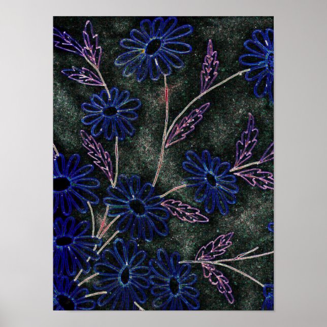 bleu sur décoration florale noire (Devant)