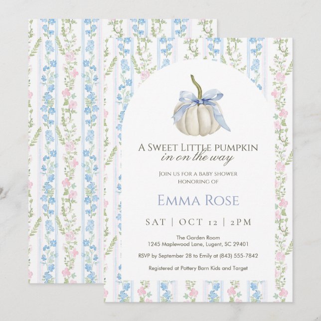 Bleu Sweet Petit Baby shower Citrouille Invitation (Devant / Derrière)