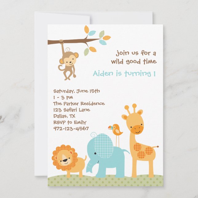 Bleu Sweet Safari Invitations (Devant)