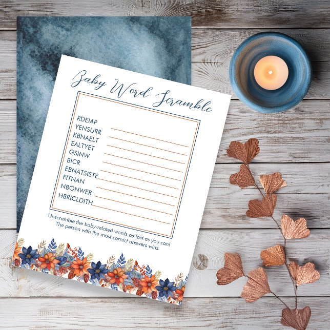 Bleu Terracotta Baby shower Floral Mot Scramble (Boho Blue and Terracotta Fall |  Autumn Floral  Baby Shower "Baby Word Scramble" Game)