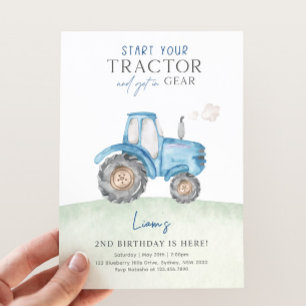Bleu Tracteur Anniversaire Fête Invitation