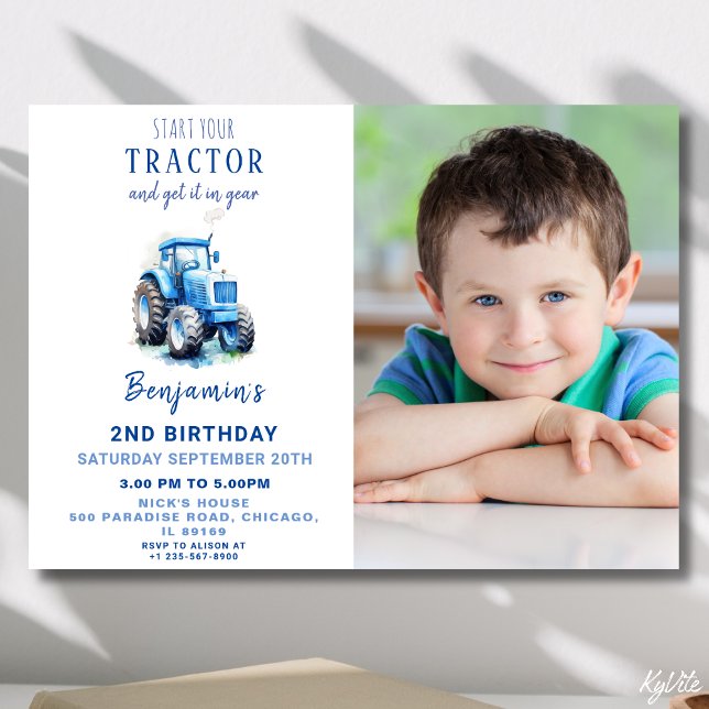 Bleu Tracteur Invitation à l'anniversaire avec pho (Créateur téléchargé)