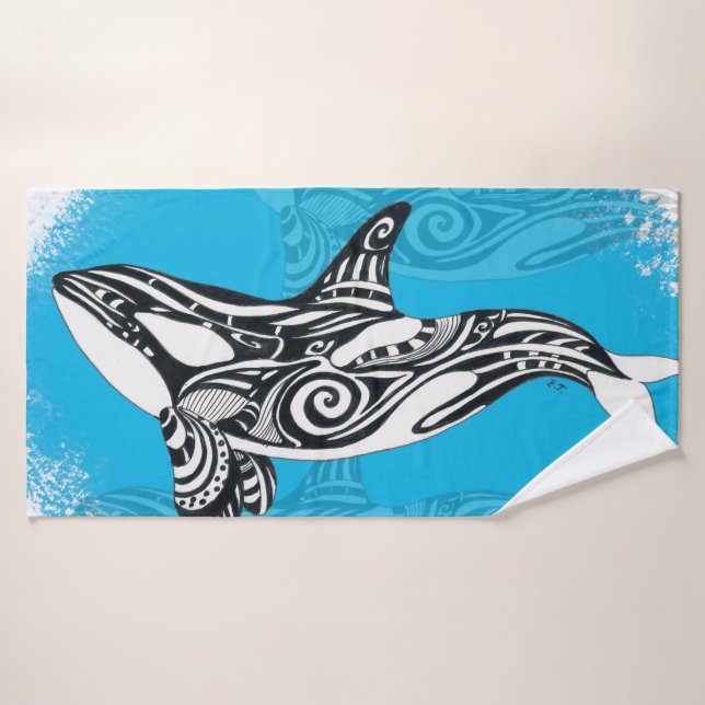 Bleu tribal d'art de baleine d'orque (Serviette de bain)