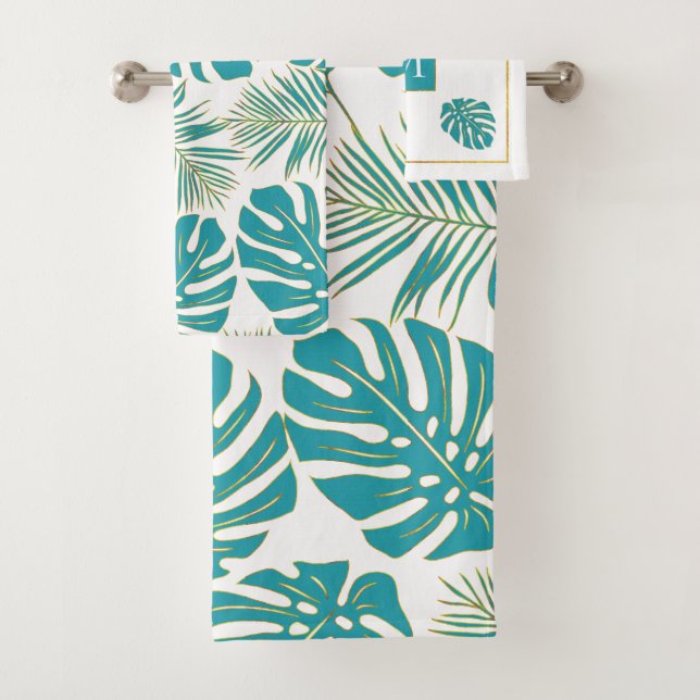 Bleu tropical, feuilles or et monogramme (En situation)