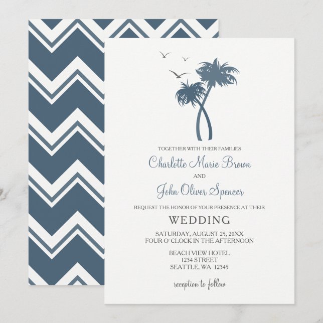 Bleu Tropical Palm Tree Mariage Invitations (Devant / Derrière)