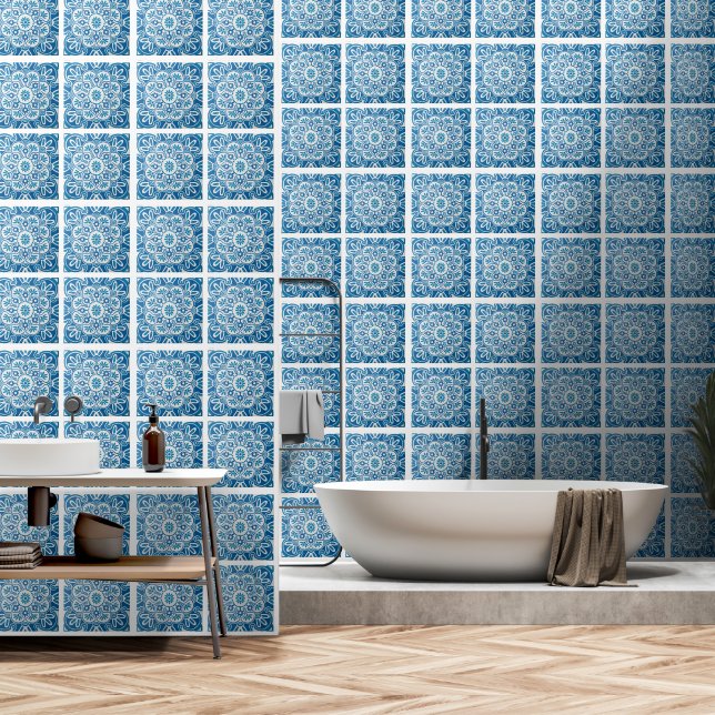 Bleu tuiles motif Papier peint 2' x 4' (Salle de bain)