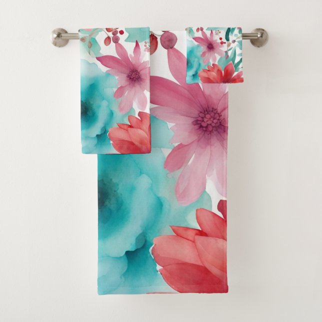 bleu turquoise Aquarelle rouge Fleurs de printemps (En situation)