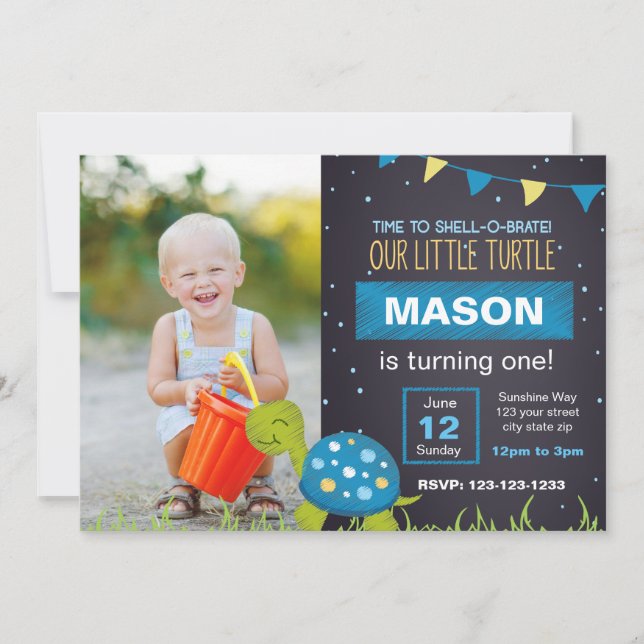 Bleu Turtle Chalk Invitation d'anniversaire avec p (Devant)