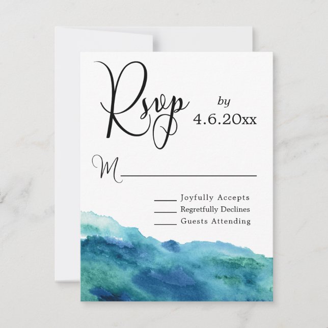 Bleu Vert Aqua Aquarelle Mariage Moderne RSVP 2b (Devant)
